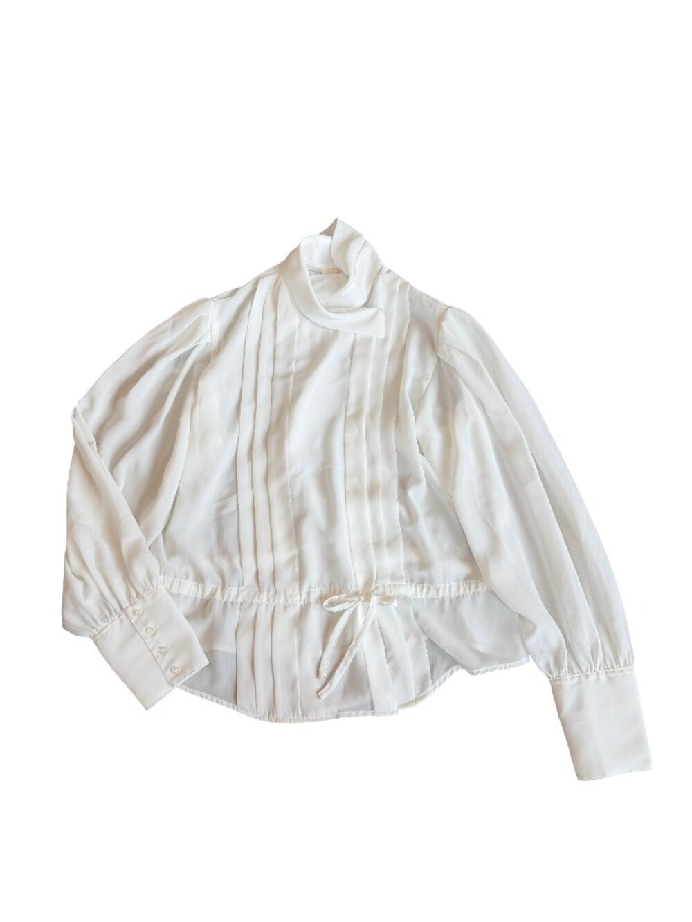 Liz Claiborne White Pintuck Bishop Sleeve Blouse Shirt Tie Waist Size 6 Women's